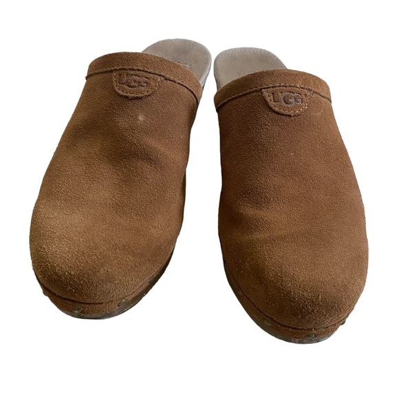 Ugg suede tan leather clogs mules slides wooden chunky heel shearling lining - Picture 2 of 10